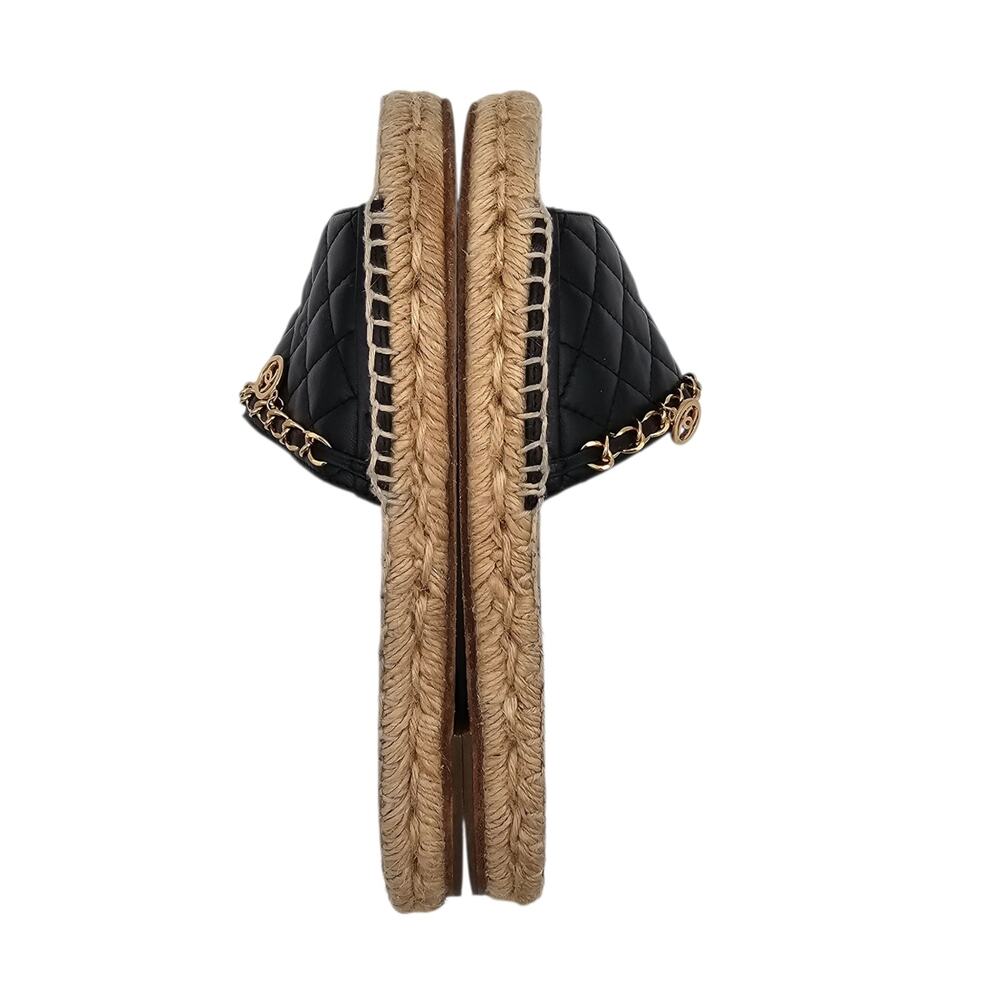 Chanel CC Chain Flat Slide Espadrille Sandal Black Quilted Leather Size 37 6 6.5 - Picture 6 of 11